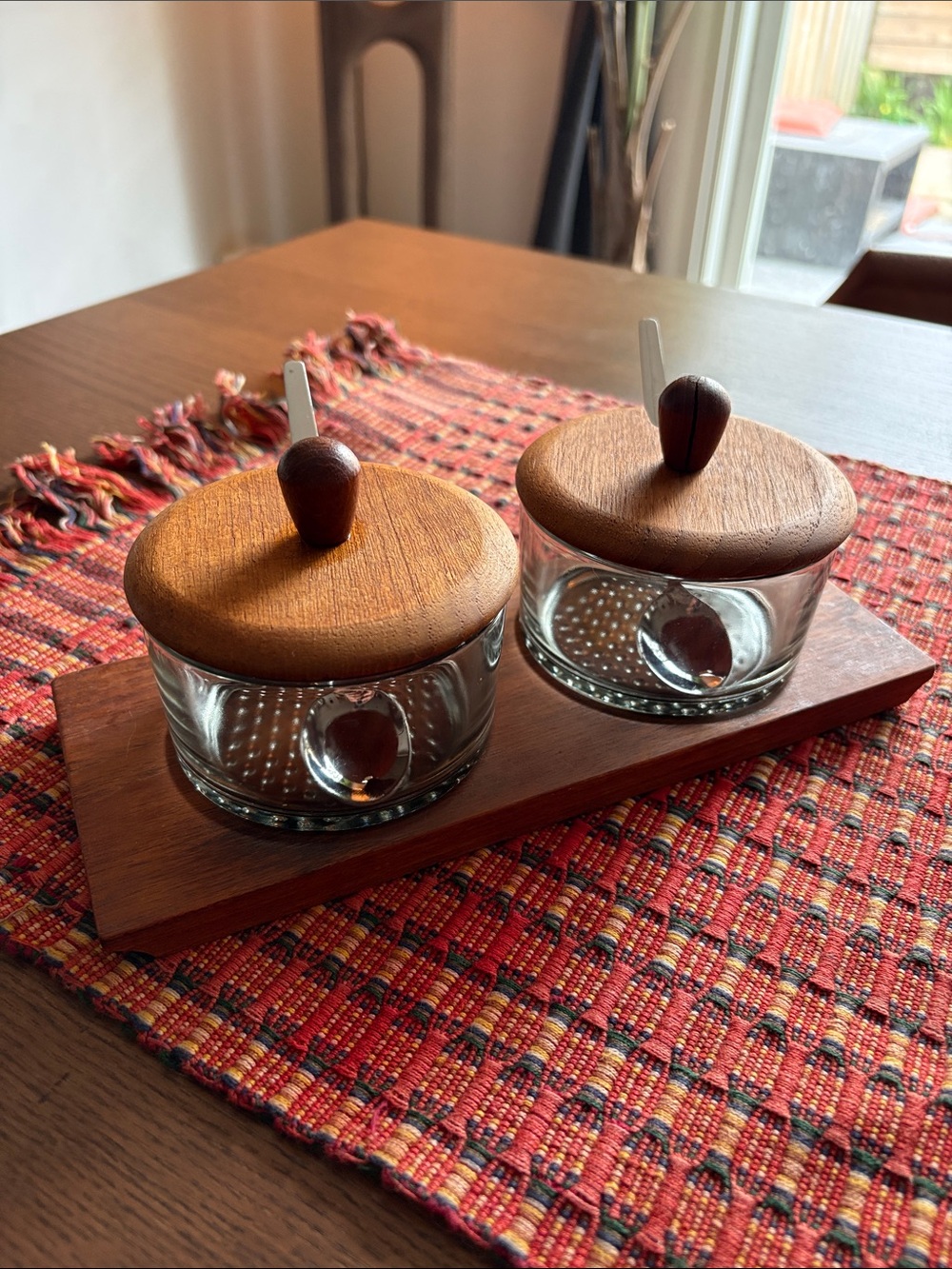 VINTAGE Luthje of Denmark - Smoked Glass/Teak Condiment Jars & Tray